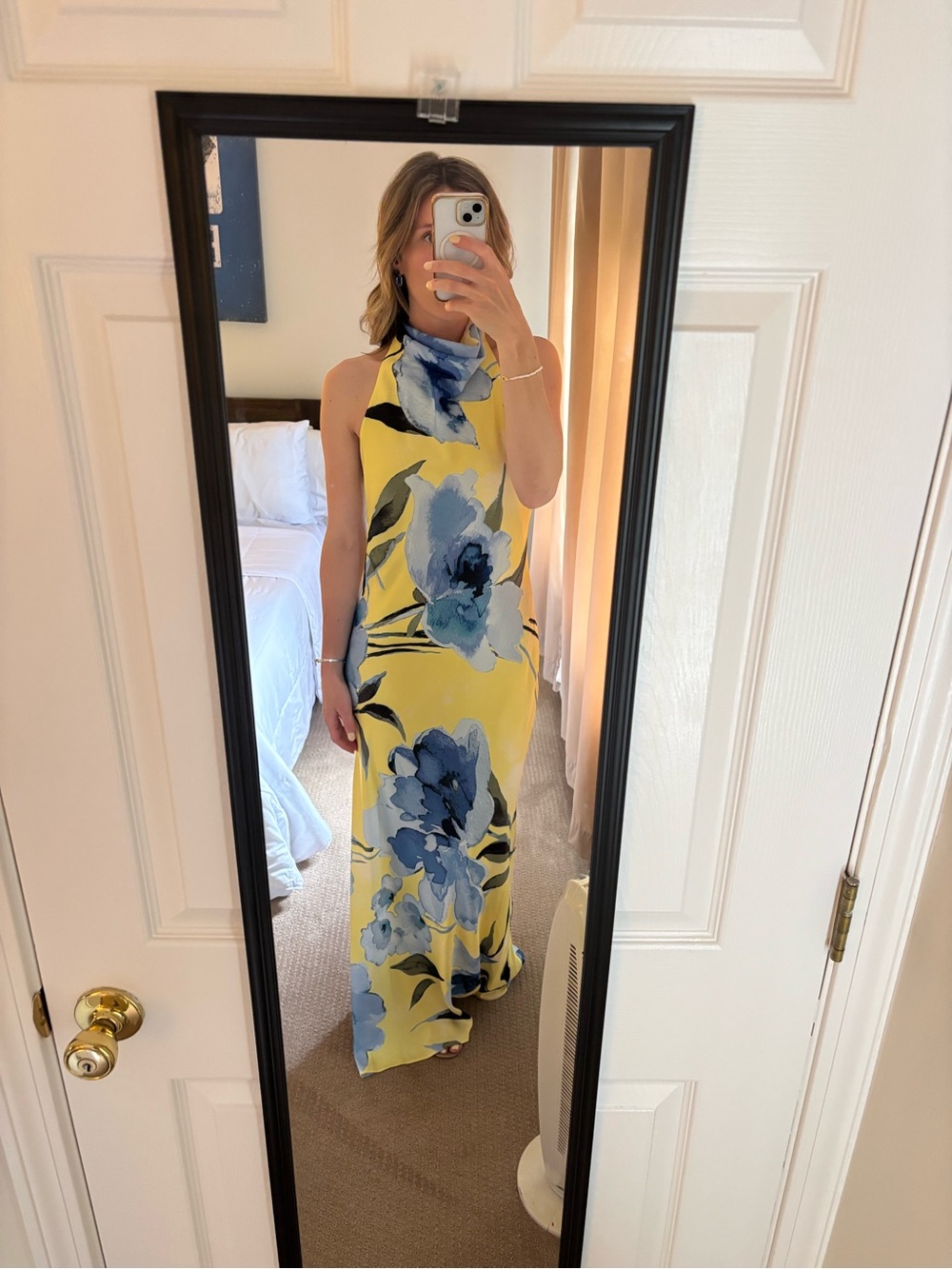 Sleeveless Yellow Floral Maxi Dress with Blue Print